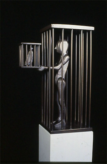 Caged Man with Caged Bird, 1987, bronze, 9 x 4 x 5 1/2", ed. 9/10