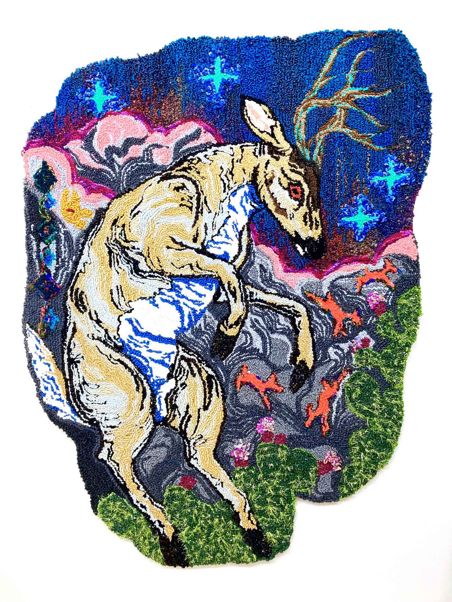 "The Stag's Dream", 2023, gun tufted and hand hooked yarns, ribbons, and silks on monks cloth, 65 x 51"