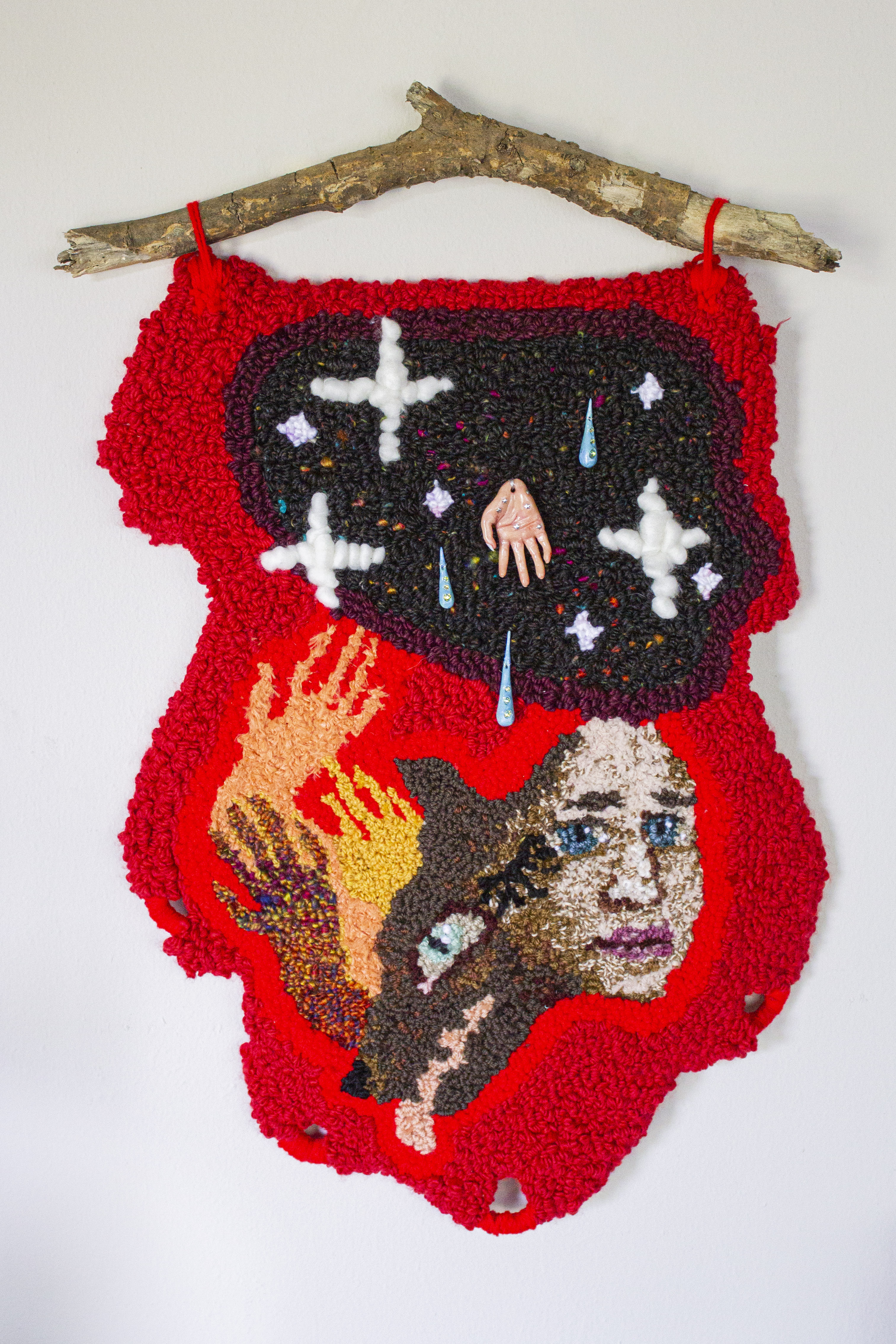 I'm Sure We'll Meet Again, 2020, rug hooked and gun tufted yarn on monks cloth, 28 x 19"
