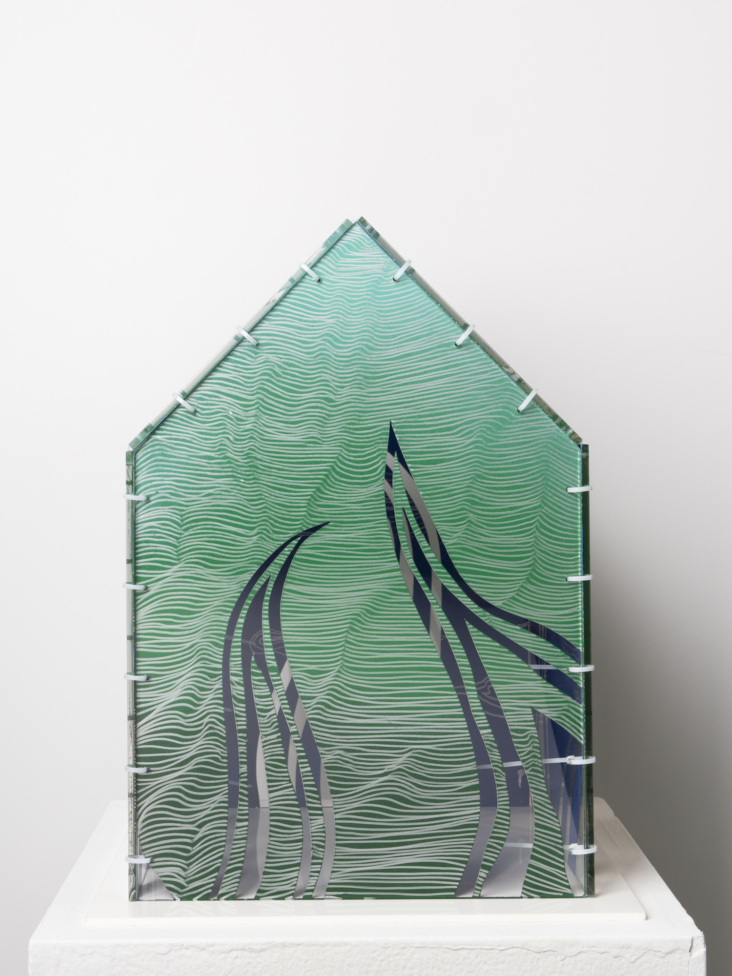 I Can Smell the Forest and See the Sky, 2021, oil based markers and spray paint on Plexiglas, zip ties, 10" x 10.5" x 15"