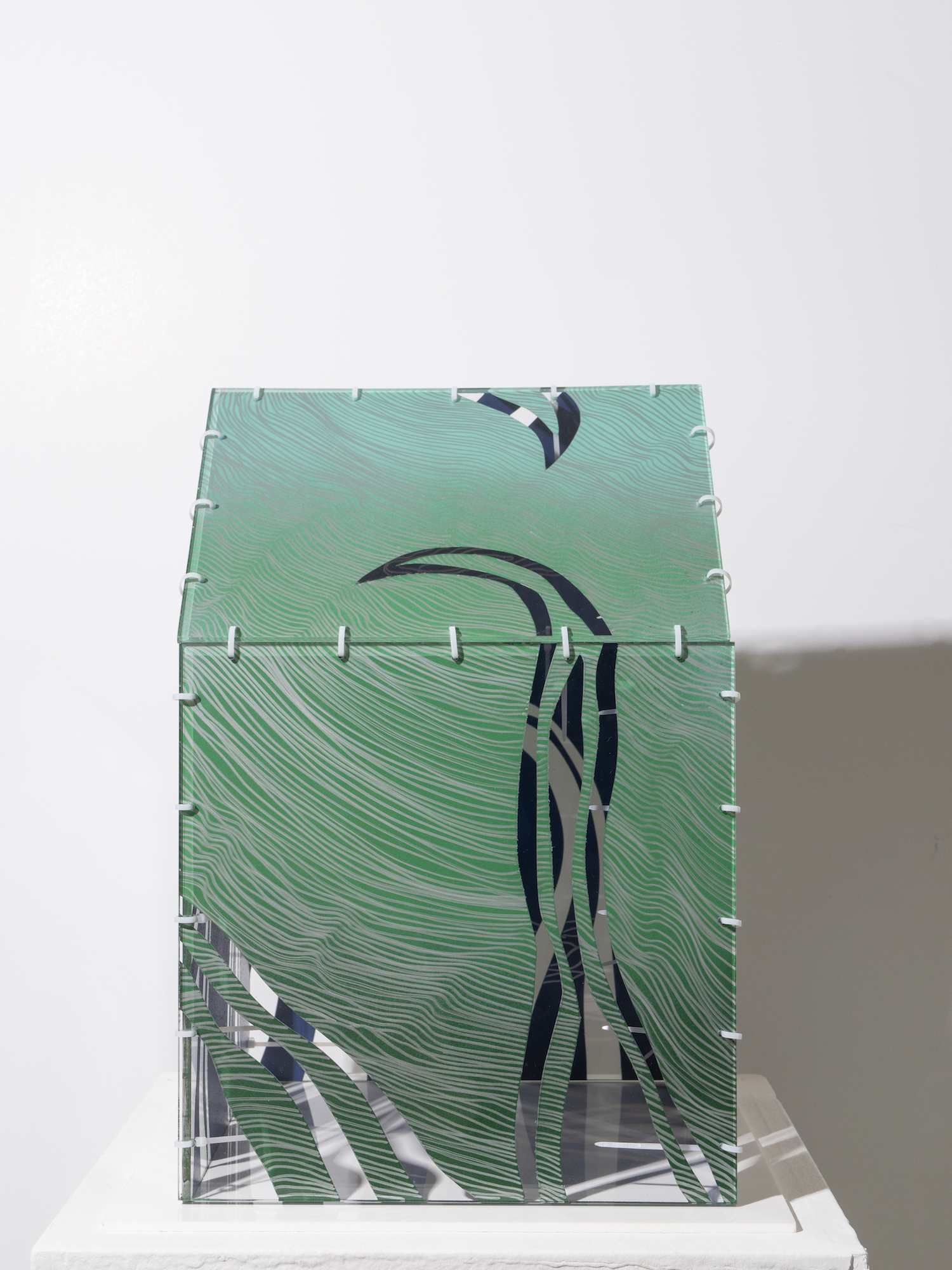 I Can Smell the Forest and See the Sky, 2021, oil based markers and spray paint on Plexiglas, zip ties, 10" x 10.5" x 15"
