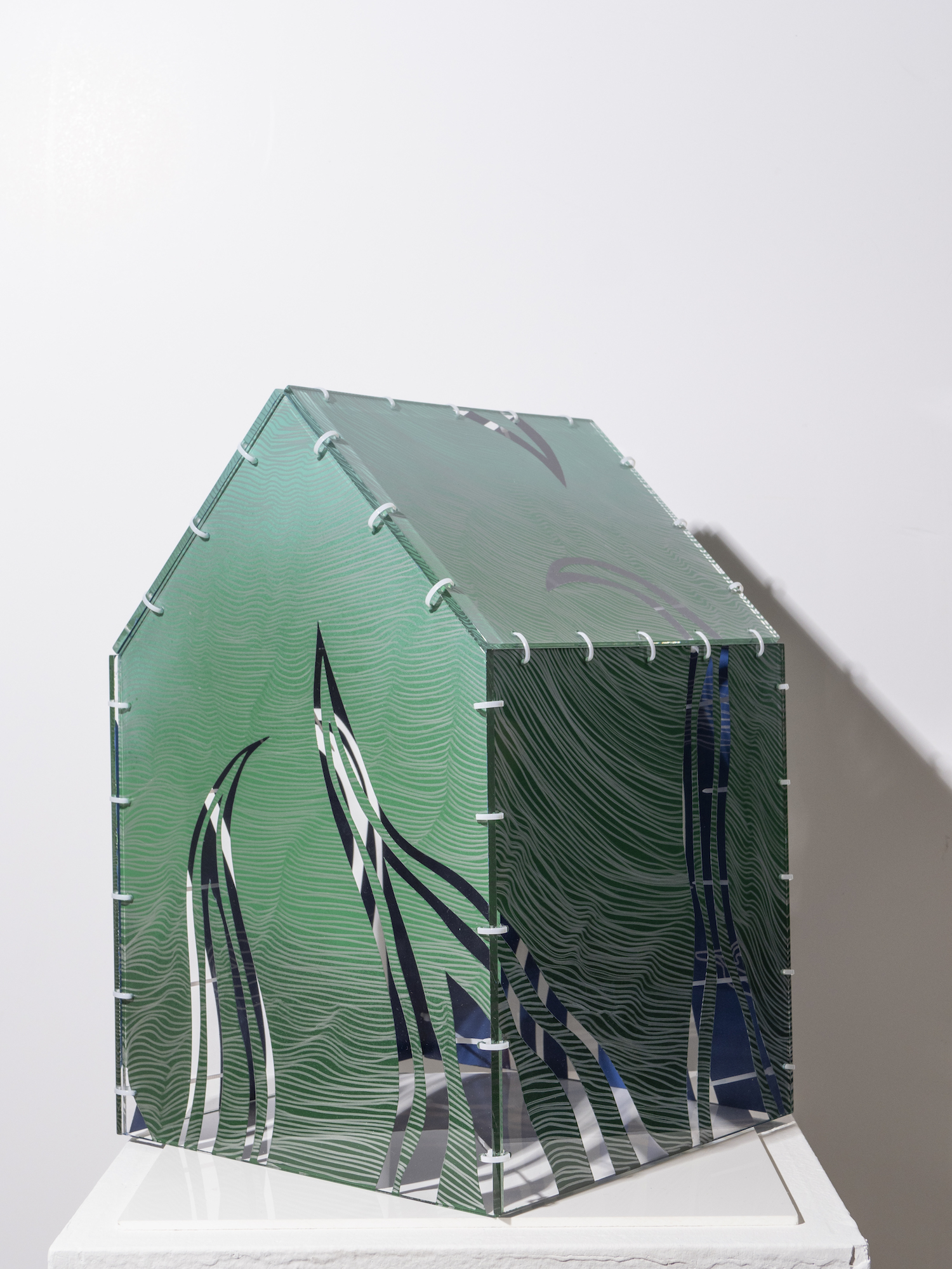 I Can Smell the Forest and See the Sky, 2021, oil based markers and spray paint on Plexiglas, zip ties, 10" x 10.5" x 15"