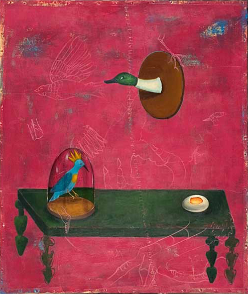 Still Life with Birds, 2004, oil, acrylic, paper on canvas, 25 x 22"