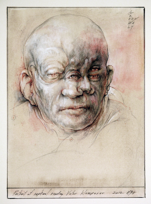 Portrait of Raphael Reading Victor Klemperer, 2012, ink, graphite, acrylic, and on paper, 7 x 5"