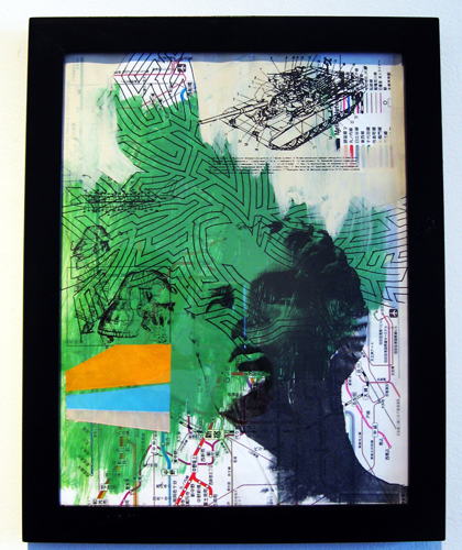 Respect my mind, 2012, acrylic and transfer on map, f.s. 12 1/4 x 9 3/4" / i.s. 10 1/2 x 8"