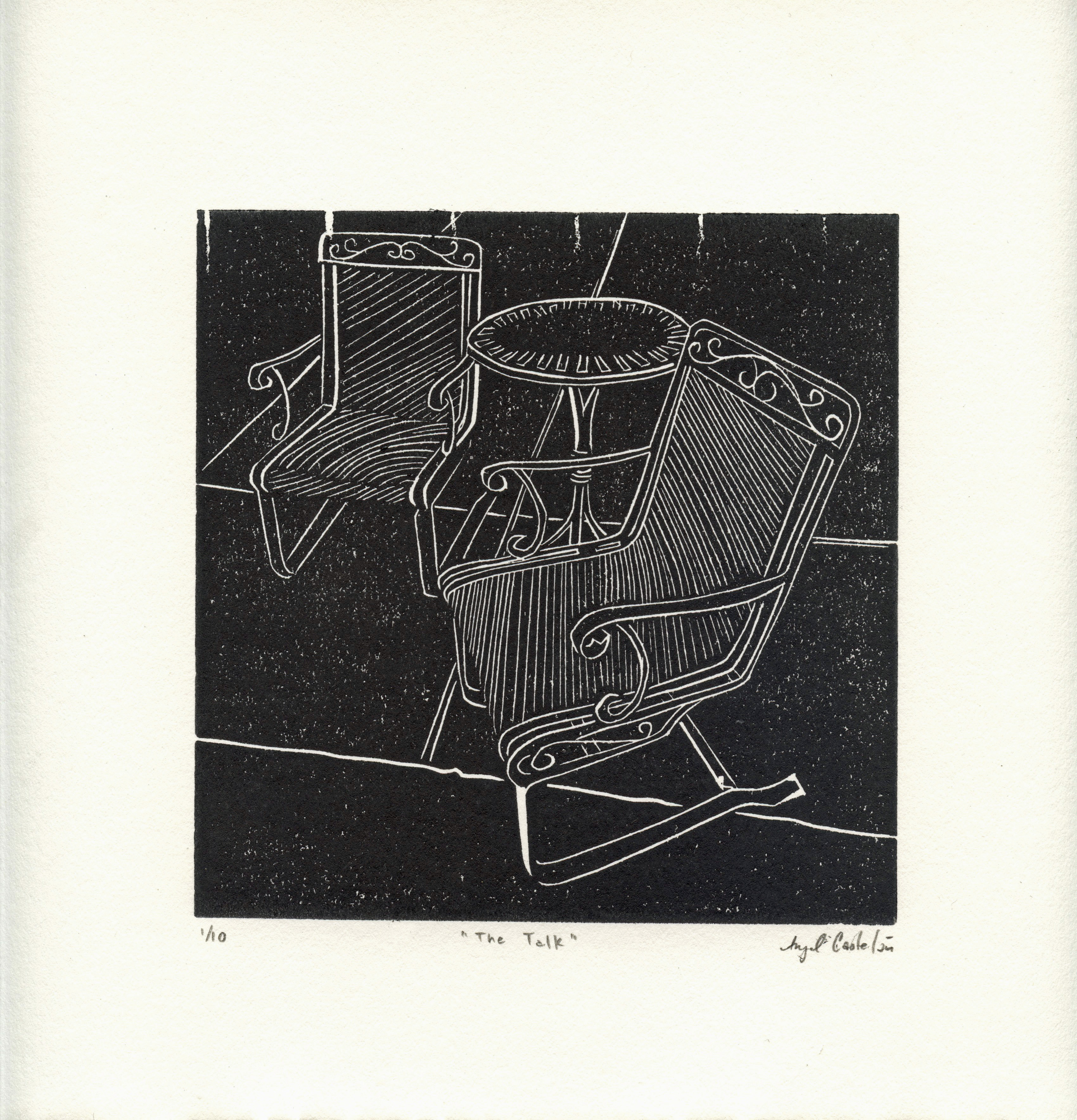 The Talk, 2018, hand printed linocut on paper, s.s. 9 x 9" / f.s. 10 x 10", ed. of 10