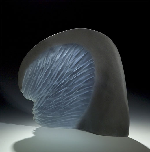 Grey Blue Shell, 2007, cast and cut glass, fused steel, 19 x 20 x 3"