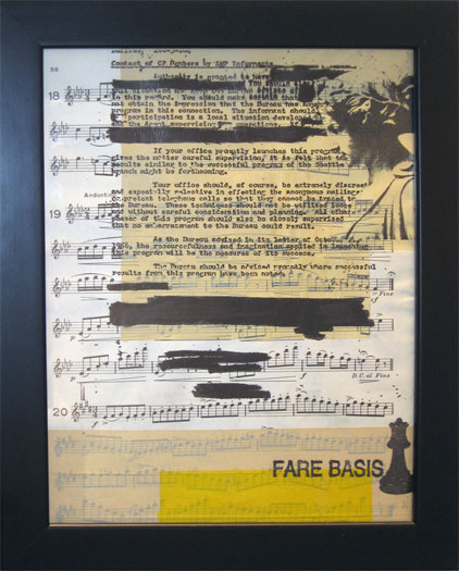 Fare Basis, 2011, ink, silkscreen, and acrylic on map, 13 x 10 1/2"