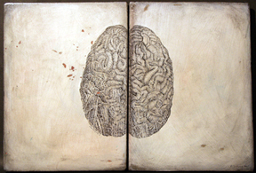 Left Brain-Right Brain 2005 Pen, ink, oil, transfer on wood 11 x 16"