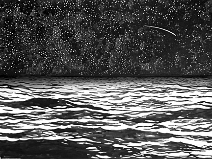 Night Sky with Seascape and Shooting Star 2002 Ink on paper 22 x 30"