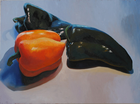 Two Poblano Peppers and Yellow Pepper, 2011, oil on board, 36 x 48"