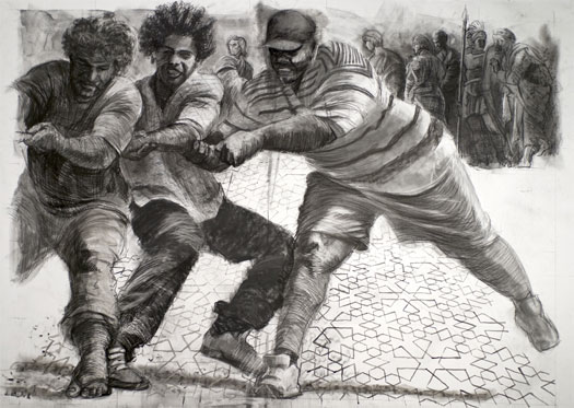 Tug - Romans Watching, 2011, charcoal, 47 x 67"