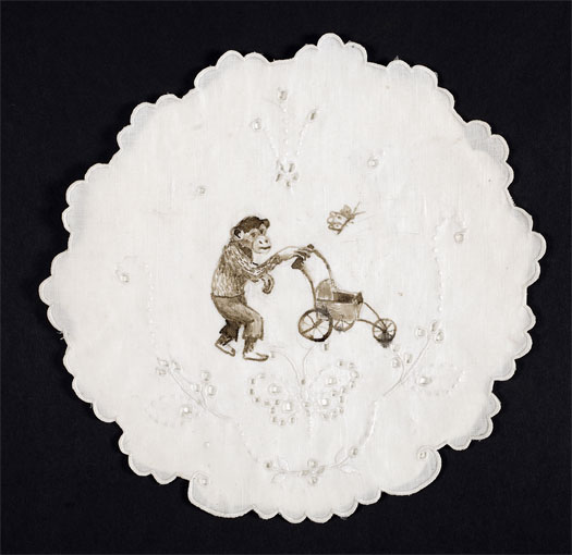 Little Ape Boy, 2010, ink on found fabric, 10" round