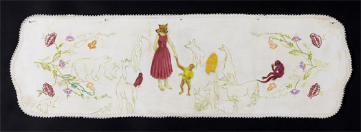 Menagerie, 2011, acrylic on found fabric, 36 x 12"