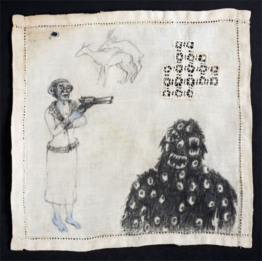 Monster, 2010, charcoal and acrylic on found fabric, 10 x 10"