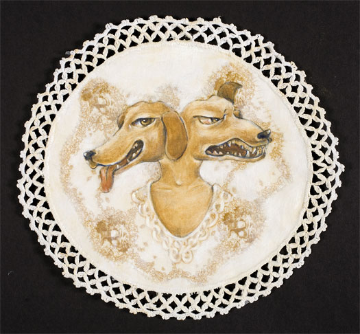 Two Dog Faces, 2010, acrylic and stitching on found fabric, 10" round