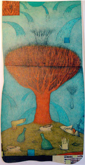 Mia's Red Tree, 2008, color pencil, graphite, collage, ink, i.s. 27 x 13"