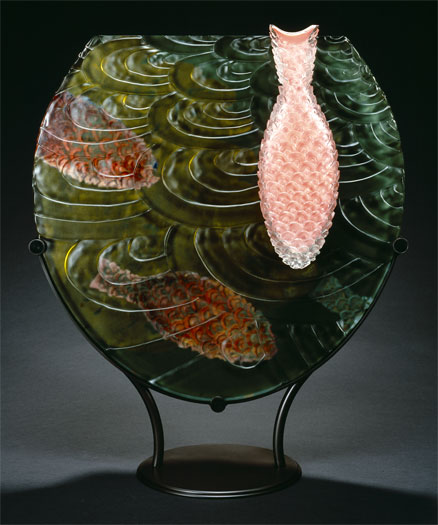 Submergence, 2005, painted, blown, etched, sandcarved, 22 x 18 1/2 x 6"