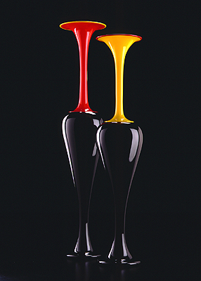 Black with Red Gambo Vase/Black with Yellow Gambo Vase, 2002, blown glass, 39 x 8 x 8" and 35 x 7 1/4 x 7 1/4"