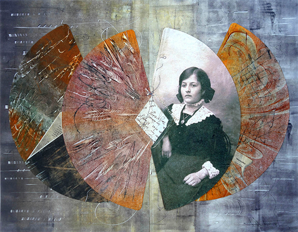 She could hear the piano playing, 2014, mixed media, 15 x 19”