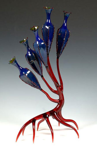 Ruby Podtree (Organism Series), 2005, lampworked, borosilicate, sculpted, blown, oil-painted glass, 16 x 8 x 5"