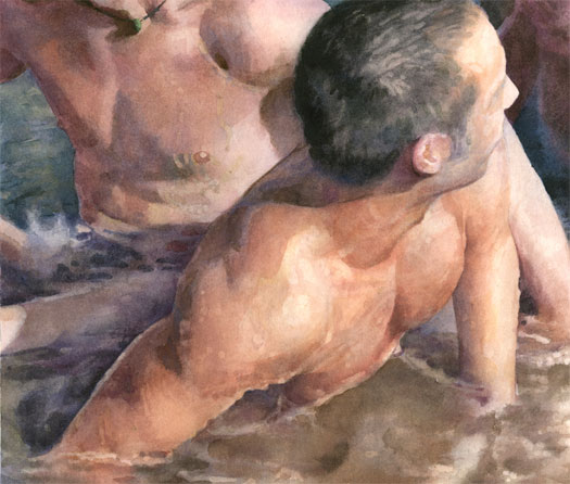 Untitled (three men on beach), 2010, watercolor, 7 3/4 x 9 1/8"