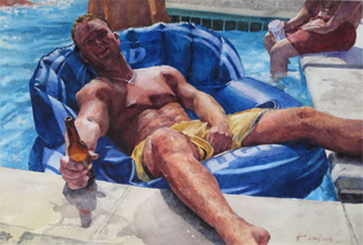 Untitled (men in the pool), 2010, watercolor, 11 x 8 3/4"