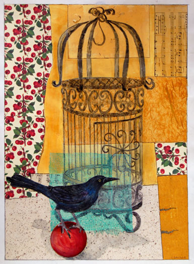 Bird on Ball, 2006, mixed media collage with intaglio, i.s. 26 1/2 x 18 1/2"