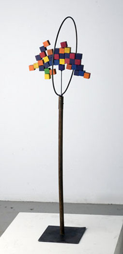 Big Act, 2008, assemblage: fishing net frame, building blocks, steel plate, 43 3/4 x 12 1/4 x 15 1/4"