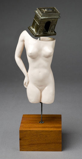 Gyula's Yearning 2007 Assemblage - ceramic torso, cast metal souvenir replica, steel rod (on wood plinth) 14 1/2 x 5 1/2 x 5 1/2"