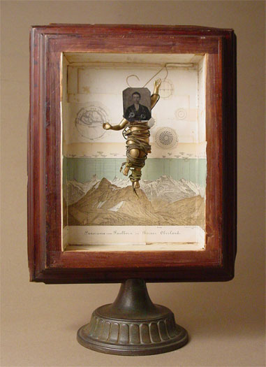 The Vision (No. 9) 2006 Assemblage - wood column base, book illustrations, tintype photograph, plastic figurine, cord, cast iron ceiling fixture part 20 1/4 x 13 1/2 x 8"