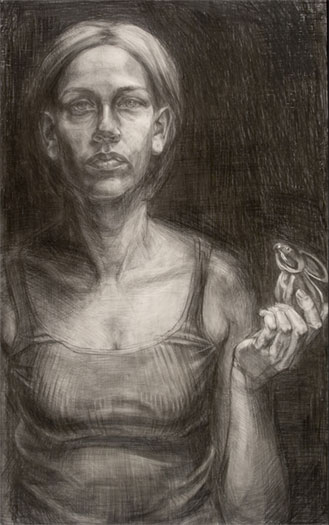 Autoretrato y Conejito, 2005, graphite on masonite, 23 x 14"