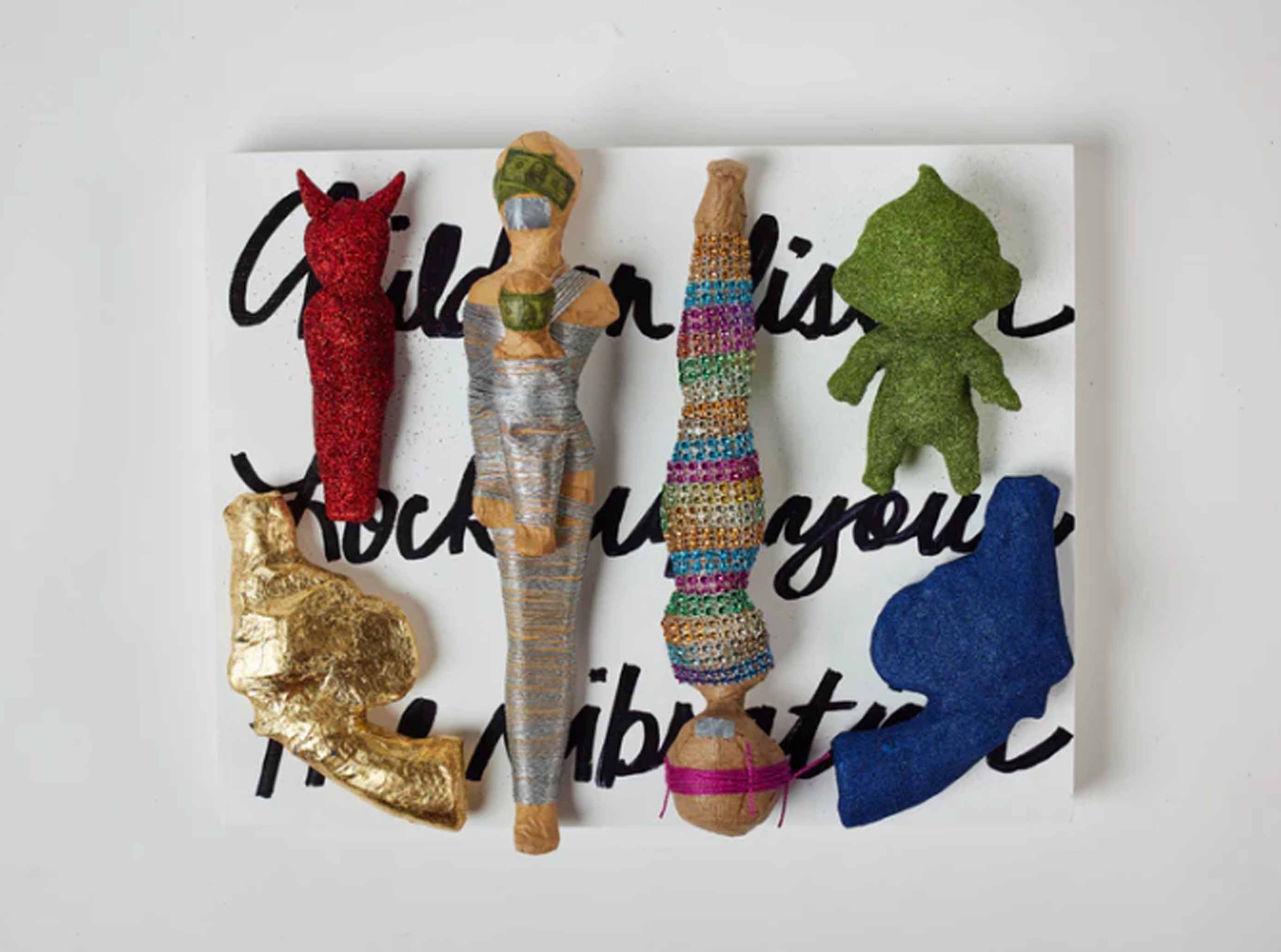 "Children will listen", 2023, dolls, paper, adhesive, mixed media, 11 x 14 x 4"
