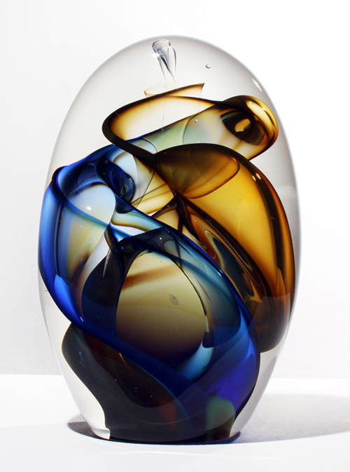 Blue Transparent Vortex Pod, 2012, free blown glass, ground, polished, sandblasted, brush polished, 11 x 7 1/2 x 4"