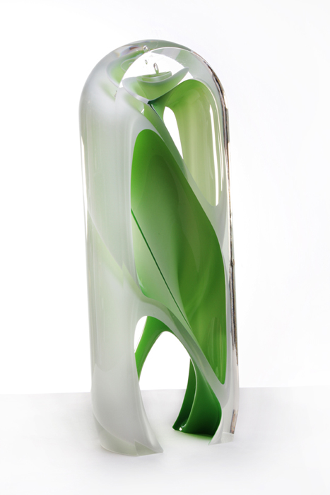 Green Helix, 2011, free blown glass, cut, polished, 16 x 6 1/3 x 3 1/2"