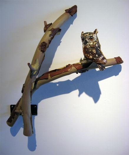 Screech Owl in Madrona, 2009, blown, off-handed sculpted glass, 22 x 20 x 7"